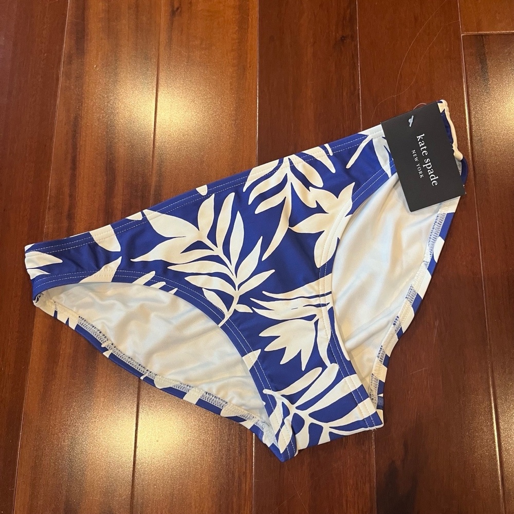 New NWT Kate Spade Blue Bikini Bottom Berry White‎ Leaf Print Swim Size Small